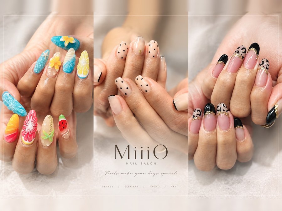 MiiiO NAIL SALON のネイルデザイン3種。左から、フルーツや花を立体的にあしらった夏のネイル、ベージュに黒の水玉のネイル、黒とヒョウ柄に金のラインを入れたネイル