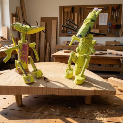 木の枝や端材を組み合わせて色を塗った、生き物のような木工作品2体